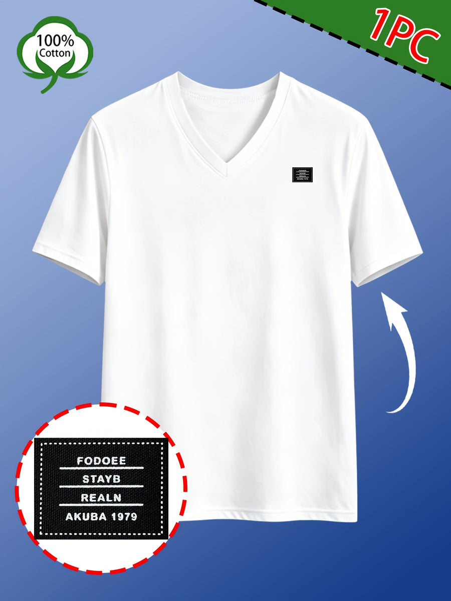 Men's Casual 100% Cotton V-Neck T-Shirt, Summer Sports Short-Sleeve Top, Plain Weave Knit with Distinctive Design, Durable and Pilling-Resistant, Pure Cotton Soft, Breathable, and Refreshing Without Feeling Stuffy, Comfortable, High-Quality - White