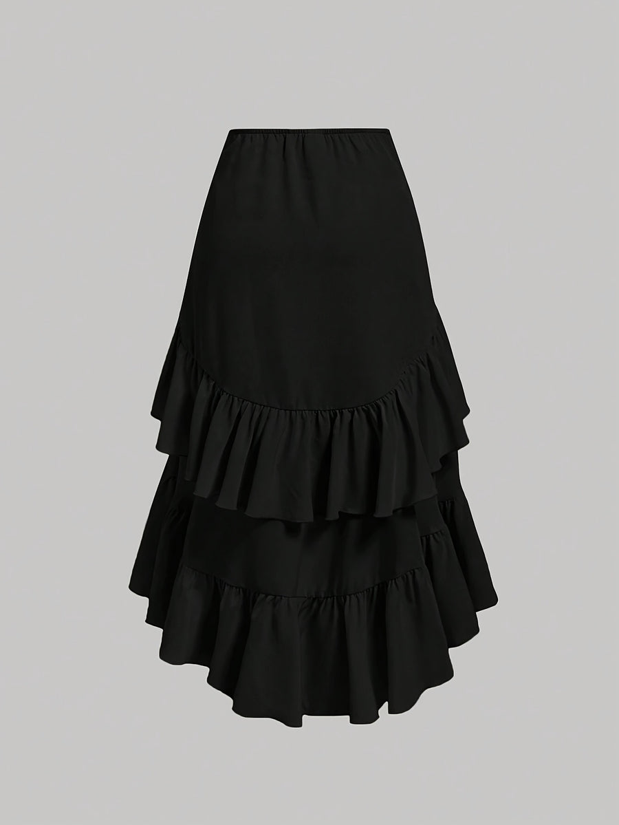 New Fashion Asymmetrical Pleated Hem Design Multi-layered Women's Skirt - Black