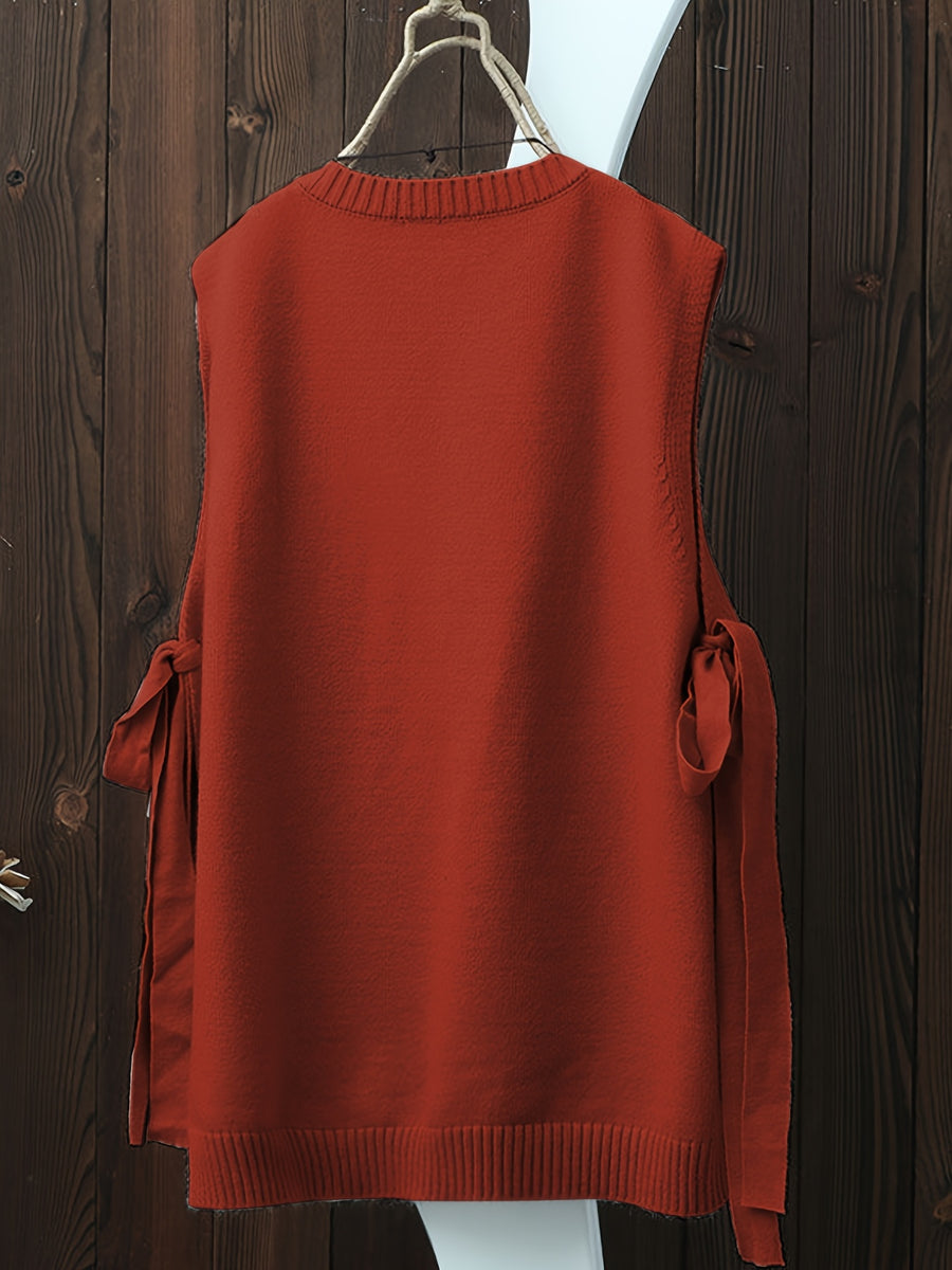 Women'S Spring Autumn Casual Fashion Niche Chic Vintage Easy Solid Round Neck Vest Sleeveless Side Slit Tie-Up Short Front Long Back Design Temperament Daily Versatile Quality Premium Gentle Elegant Loose Lazy Style Outerwear Sleeveless Camisole Top - Brick Red