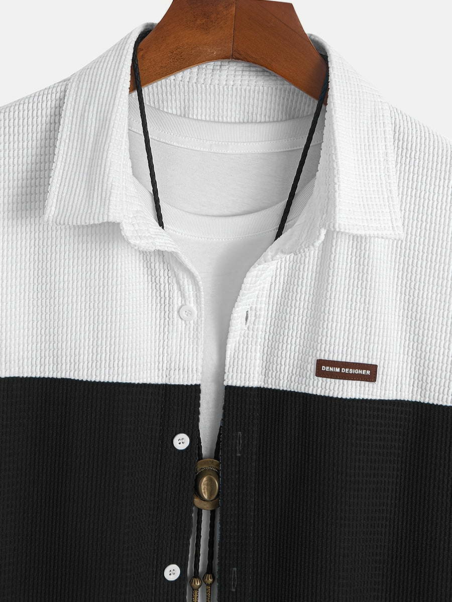 Men's Blue and White Contrast Corn Husk Grain Fabric Comfortable and Breathable Material, Lapel Collar, Full Open Front, Contrast Button Design, Suitable for Daily Casual, Fashionable, Simple Outings, Commuting, Street Style, Outings, and Summer New - Black