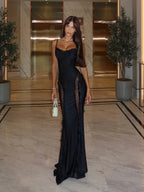 Sexy Party Camisole Lace Semi-Sheer Mermaid Dress for Women, Slim-Fit Long Dress for Cocktail Parties, Dinner Events, and Vacation Wear, Spring/Autumn - Black