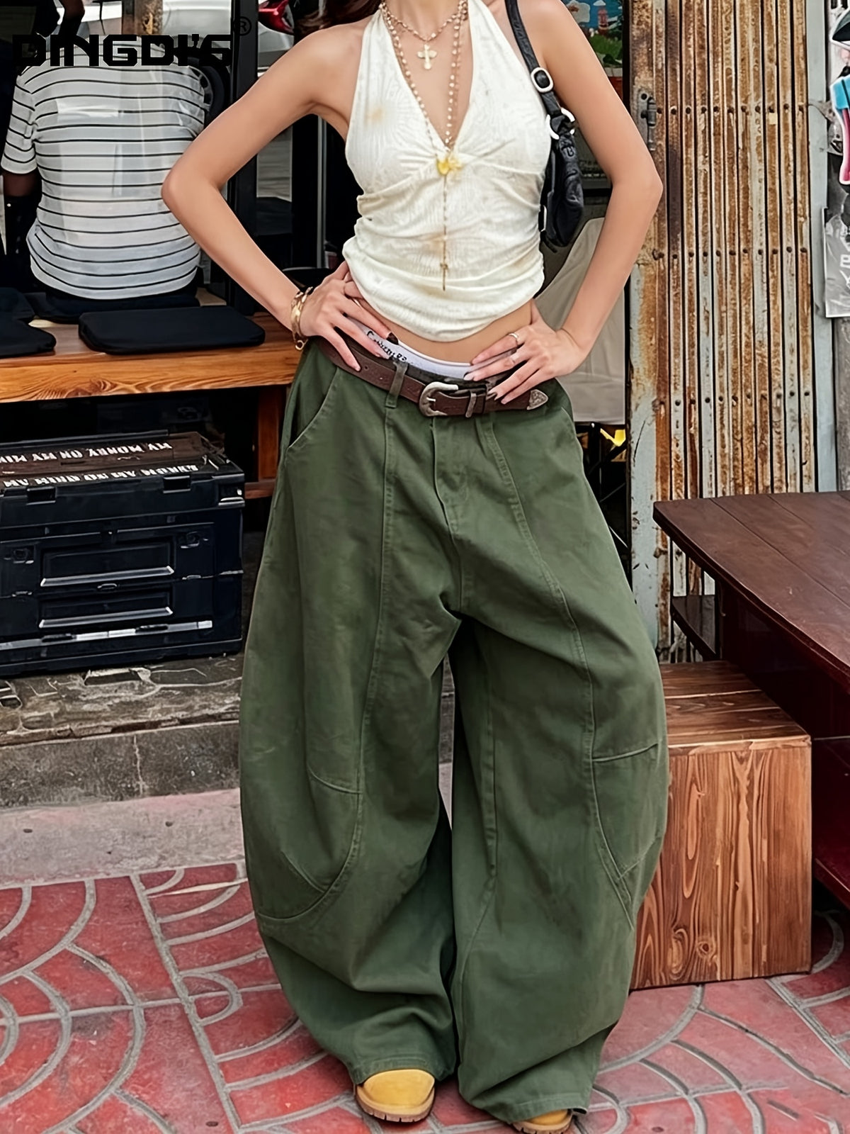 Women'S New Elastic Waist Cuffed Jeans, Street Trendy Boyfriend Style Floor-Length Trousers, Patchwork Design with Pockets, Mid-Rise Classic Loose Denim Pants, Casual Military Green Comfortable Fit Long Pants, All-Season Wear - Military Green