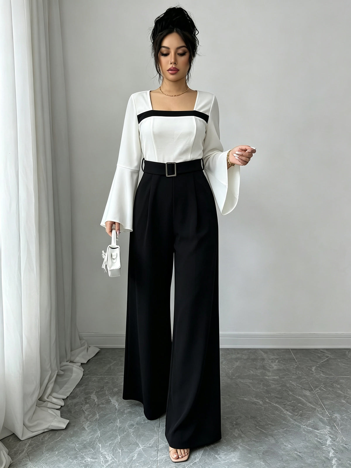 Women's Color-Block Square Neck Flared Sleeve Jumpsuit with High Waist, Cinched Waist, Wide Legs, and Belt - Commuting and Dating Mature Casual Style Jumpsuit - Black And White Color