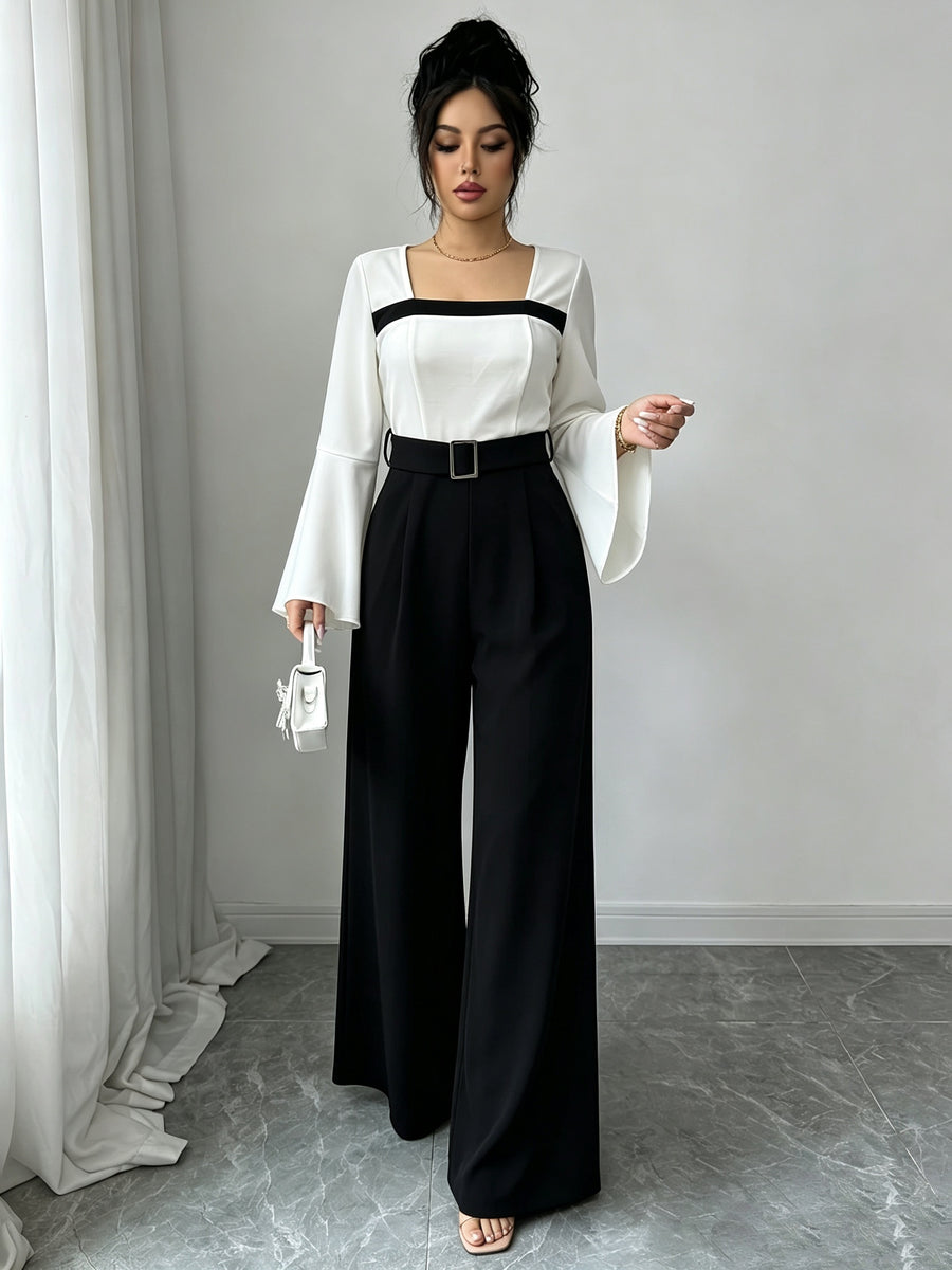 Women's Color-Block Square Neck Flared Sleeve Jumpsuit with High Waist, Cinched Waist, Wide Legs, and Belt - Commuting and Dating Mature Casual Style Jumpsuit - Black And White Color