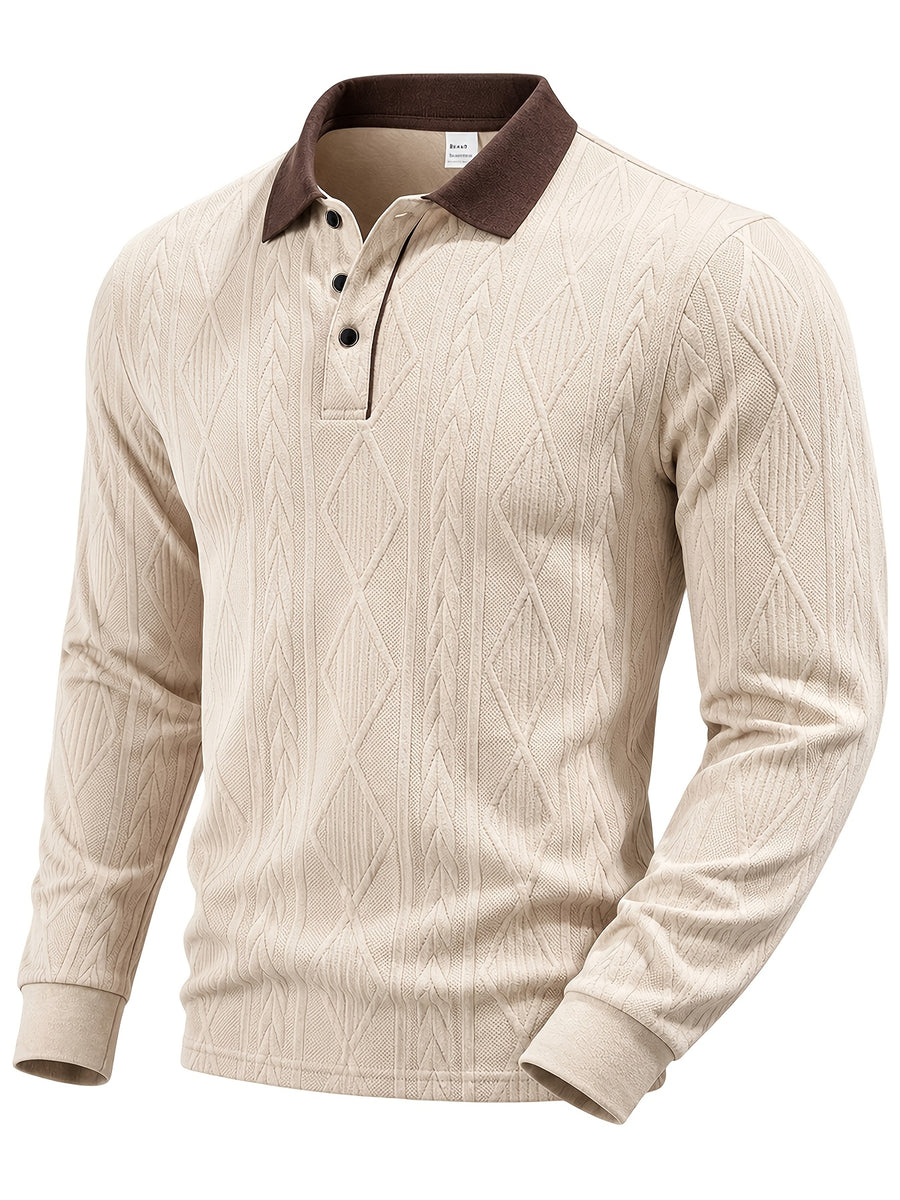 Men's Fashion Long-Sleeve POLO Shirt, Color-Blocked Lapel Jacquard Design T-Shirt, Essential Golf Polo Wear, Breathable, Warm, Skin-Friendly, and Comfortable, for Indoor Gatherings and Outdoor Sports, Casual Vacation Trendy Style - Apricot