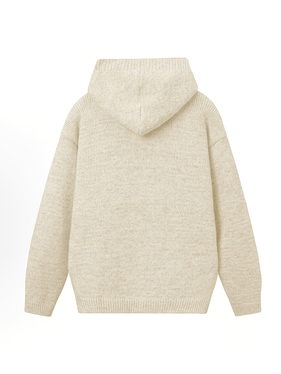 Retro Solid Color Single Button Hooded Cardigan Sweater, Loose Casual Style Versatile Outerwear Knit Top - Ivory White