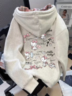 American Vintage Style Autumn And Winter Fun Letter Print Long Sleeve Plaid Patchwork Thickened Sweatshirt Women'S Hong Kong Style Loose Bf Style Casual Fashion Hooded Top - Granny Gray
