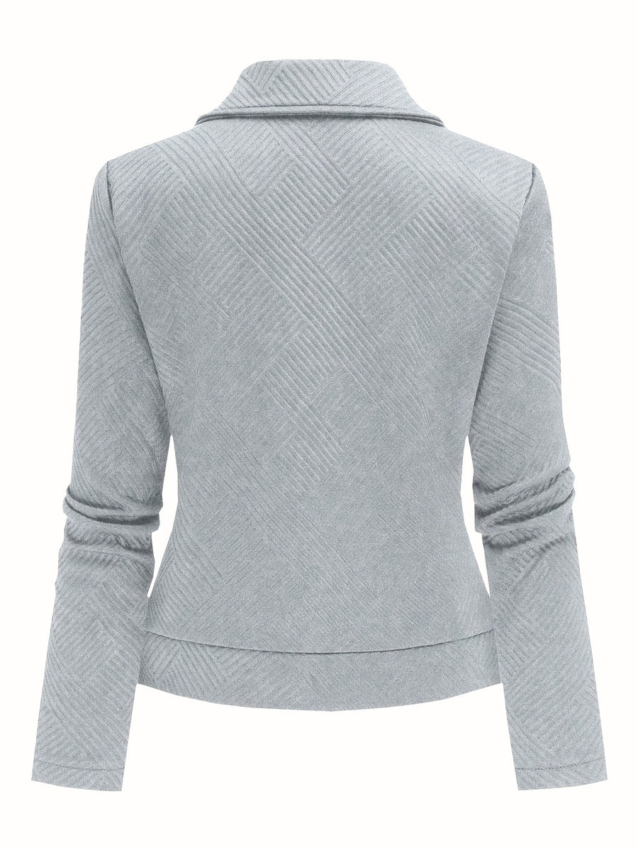 A New Women'S Solid Color Maze Check Zippered Button Decorative Motorcycle Jacket, Stylish And Elegant for Commuting And Casual Wear in Autumn And Winter. The Top Design Is Trendy, with a Unique Style, High-Quality Stitching, Soft Texture - Grey