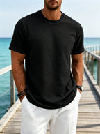 Summer Heavy Texture Men'S Loose Stretch Easy Basic Round Neck Trendy Short Sleeve - Black