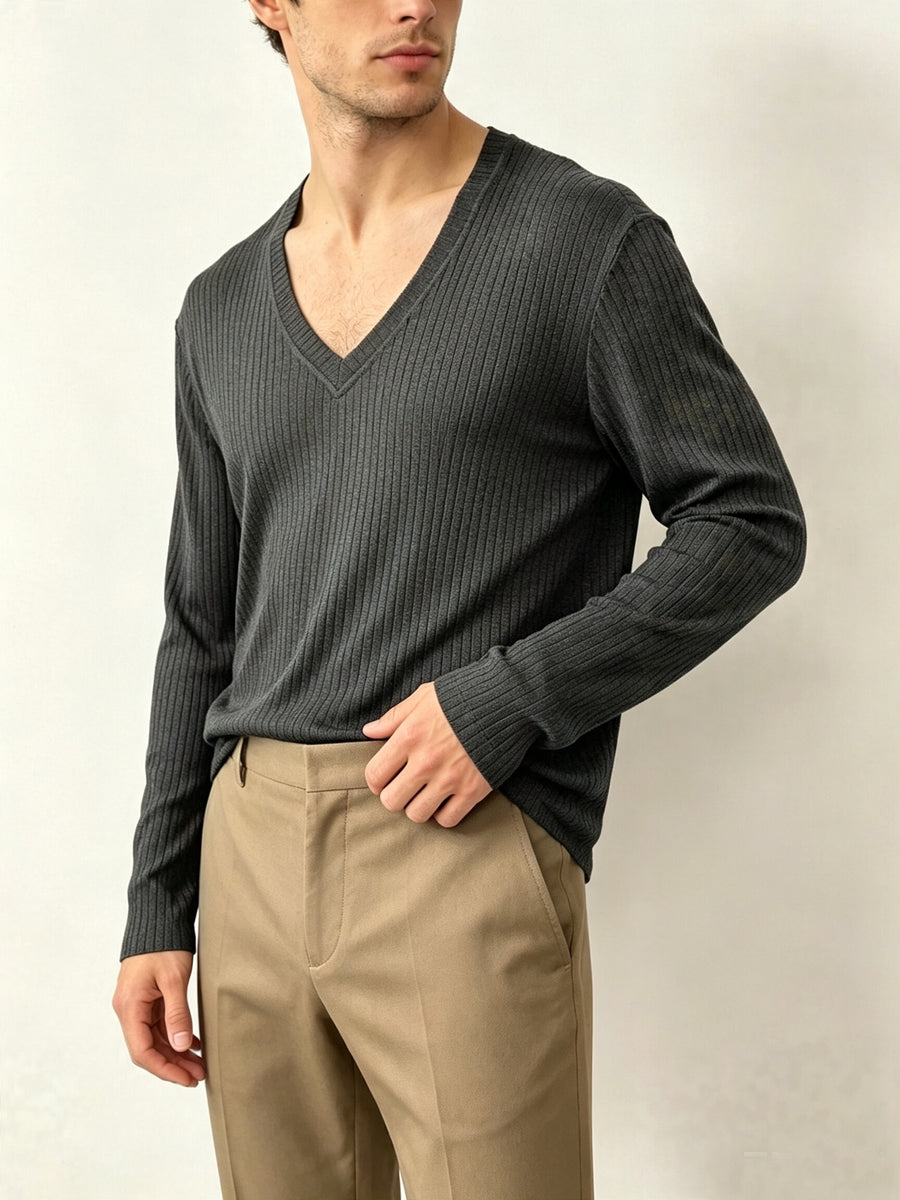 Men'S Black Vertical Ribbed V-Neck Long Sleeve T-Shirt, Easy Loose Drapey Solid Base Layer Commuter Casual Top - Grey