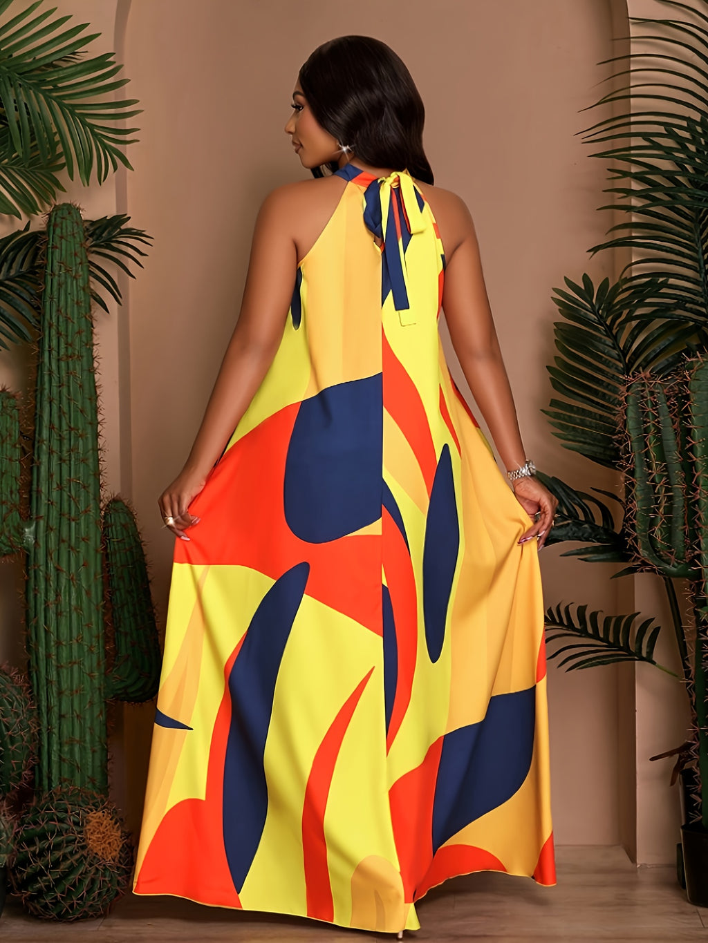 Women's Spring/Summer Elegant Loose-Fit Casual Printed Sleeveless Dress with Back Tie - Yellow