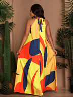 Women's Spring/Summer Elegant Loose-Fit Casual Printed Sleeveless Dress with Back Tie - Yellow