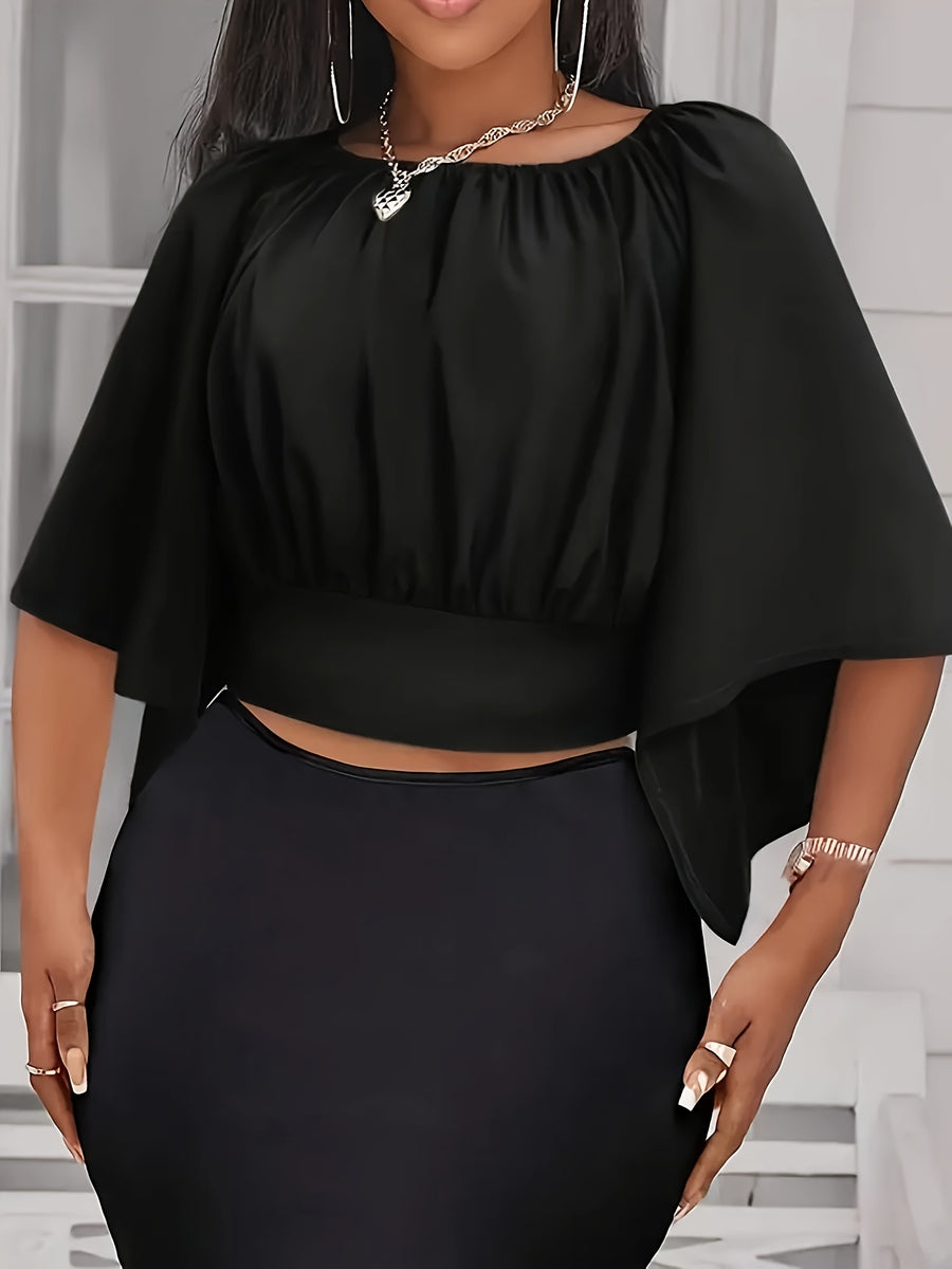 Tie Back Ruched Blouse, Elegant Solid Color Blouse For Spring & Summer, Women's Clothing - Black