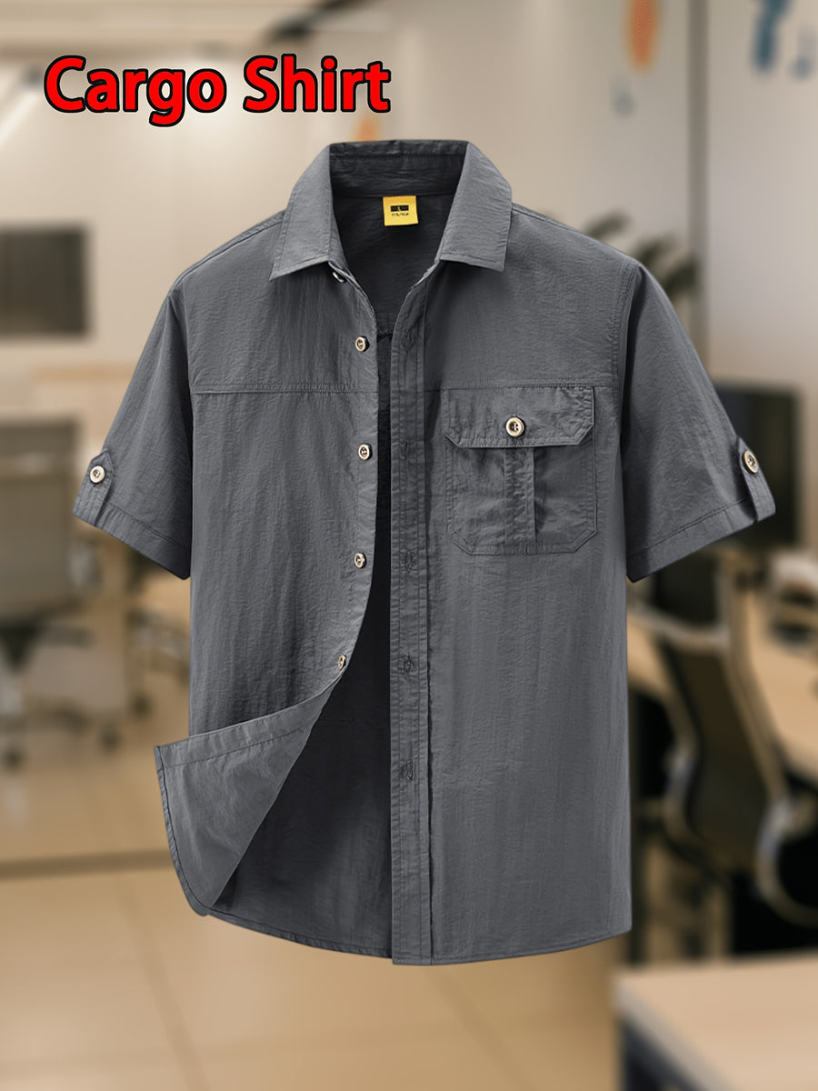 Men'S Vintage Light Utility Short Sleeve Shirt, Classic Lapel Metal Buttons, Skin-Friendly Breathable Fabric for Fresh Comfort, Casual Commute Streetwear Outdoor Leisure Versatile Single Layer Basic Top - Grey