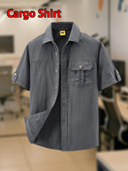 Men'S Vintage Light Utility Short Sleeve Shirt, Classic Lapel Metal Buttons, Skin-Friendly Breathable Fabric for Fresh Comfort, Casual Commute Streetwear Outdoor Leisure Versatile Single Layer Basic Top - Grey