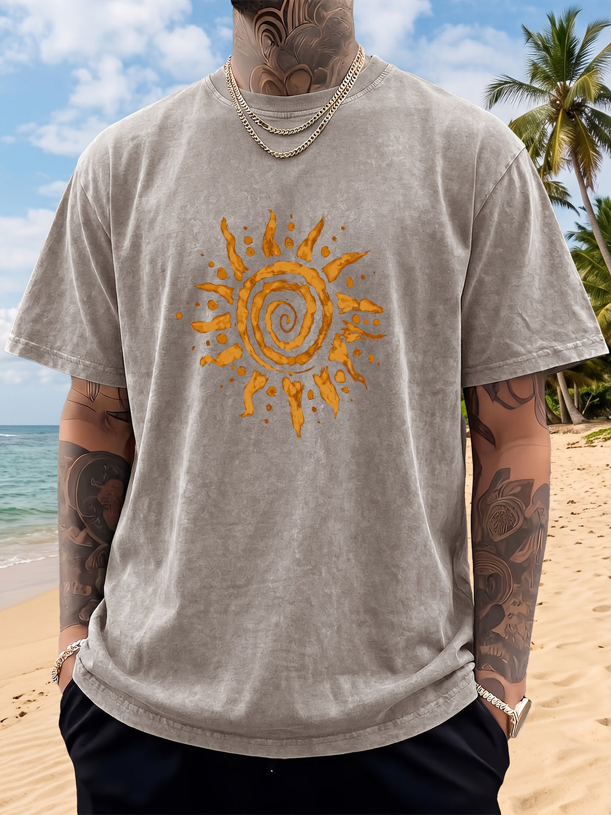 Men's Short-Sleeve T-Shirt, Pure Loose Fit Top, Trendy Reversible Double-Sided Swirl Sun Print, 12 Colors for  Mix & Match, Washed Distressed American Street Style, Versatile for Daily Outings, Streetwear, Sports, Fitness, and Commuting - Apricot