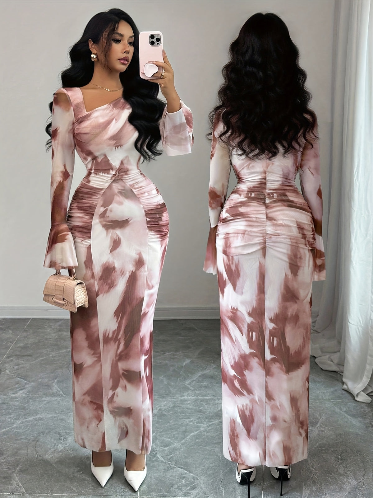Elegant And Fashionable New Adult Women'S Autumn And Winter Floral Tie-Dye Print Notched Collar Long-Sleeved Flared Sleeve Slim Fit Waist Pleated Hip-Hugging Sexy Dating Commuting Vacation Dating Valentine'S Day Long Dress - Multicolor