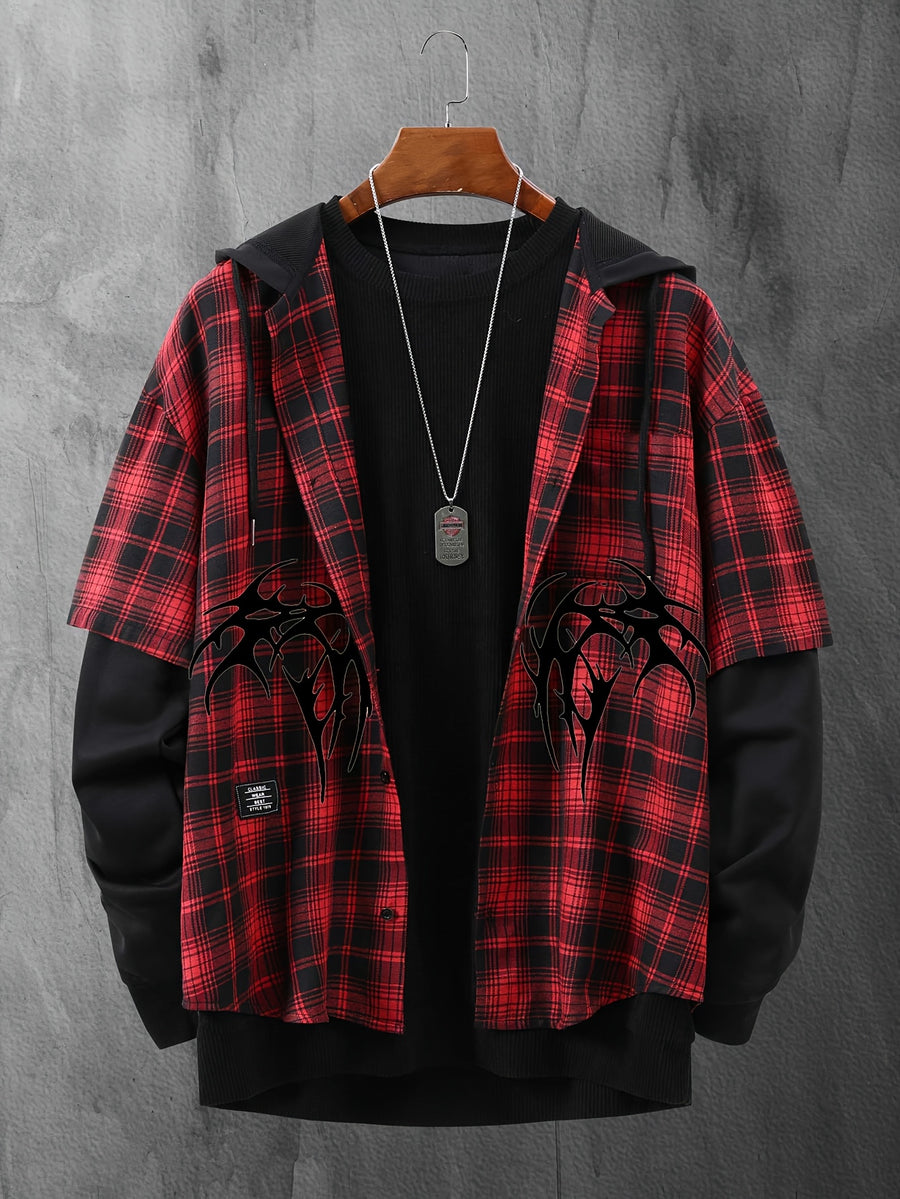 Men'S Trendy Cool Hooded Shirt! Red Black Contrast with Plaid Elements, Dark Style Skull Spine Wings Print, Faux Two-Piece Design Fashionable And Eye-Catching. Versatile Casual Shirt Jacket, Suitable for Daily Outings And Street Play - Black&Red