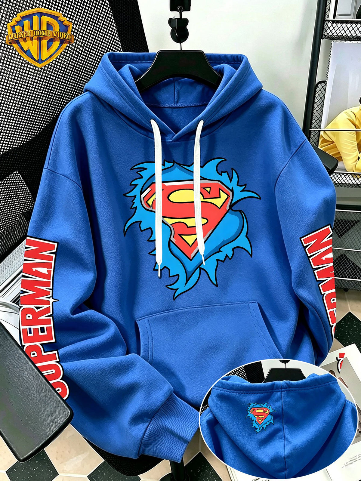 [Warner Bros] Licensed Men'S New Trendy Hoodie DC Superman Ripped Logo Print Casual Hooded Sweatshirt Everyday Drawstring Loose Pullover Machine Washable All-Match Sports Casual Men'S Top - Blue