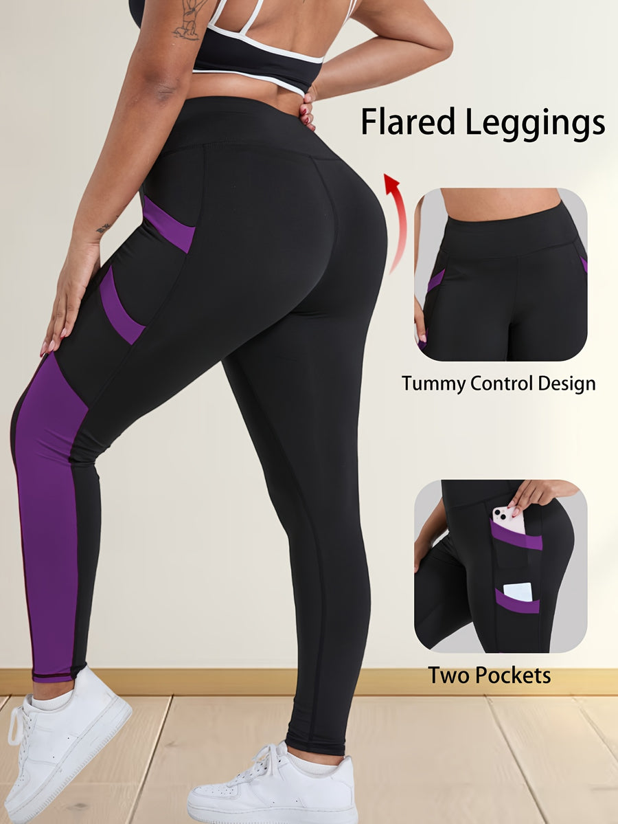 Plus Size Women's High-Waisted Yoga Pants Tummy Control Workout Leggings with 4 Side Pockets Color-blocking Design,for Running, Fitness Casual & Sports Wear - Deep Purple