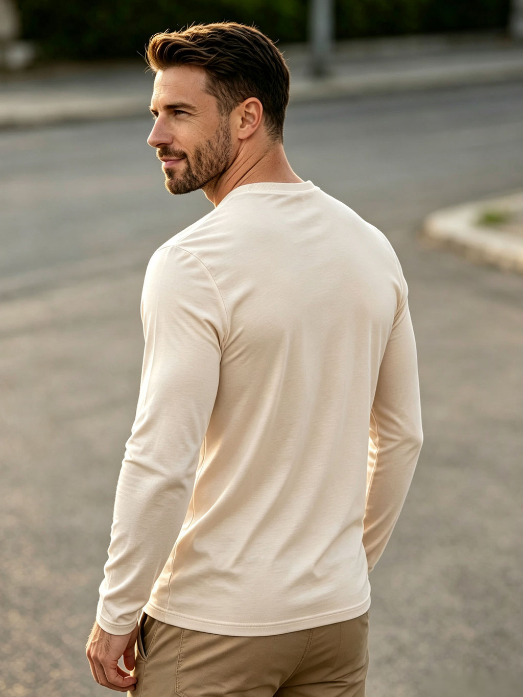 100% Men's V-neck Long-sleeve T-shirt, Men's Knitted Sweatshirt, Casual Sportswear Outdoor Top - Apricot