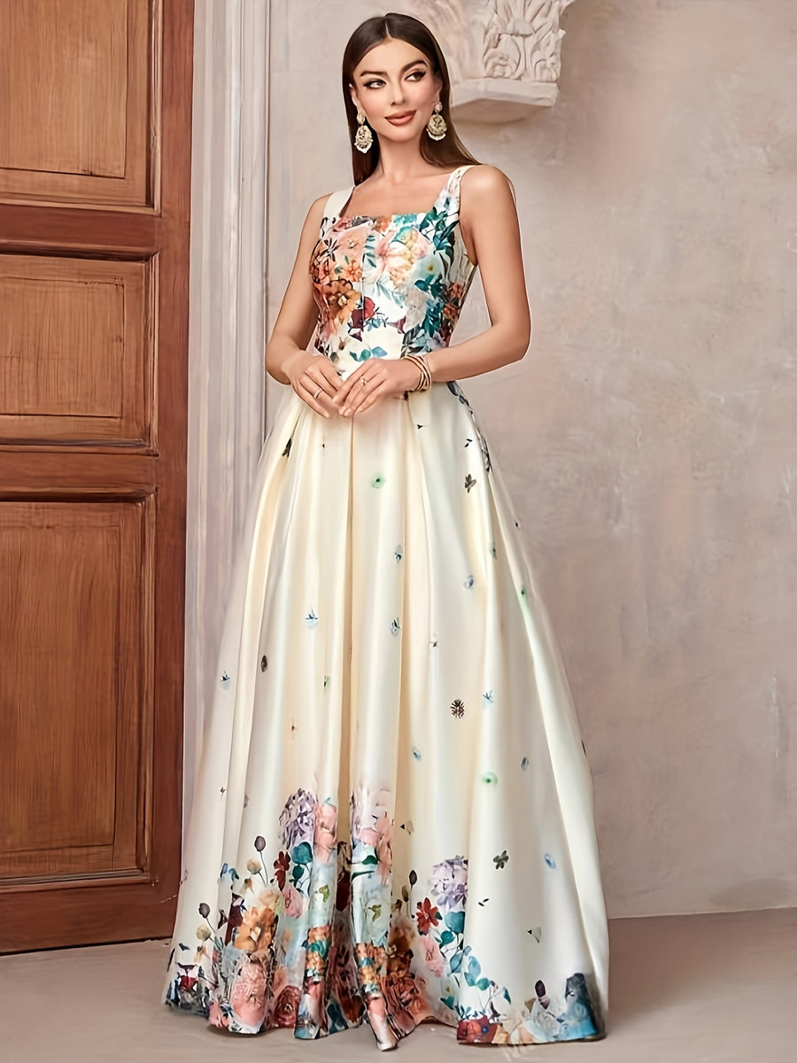 Women'S Dress Elegant Floral Print Evening Gown Suitable for Parties - Apricot
