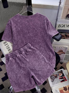 Summer Trendy Fashion Distressed Washed Short Sleeve Shorts with Drawstring Women'S Set NEW YORK City Letter Print American College Style (Varsity), New York Landmark Theme, Retro Style Comfortable for Hot Weather, Classic Silhouette for Styling - Dark Violet