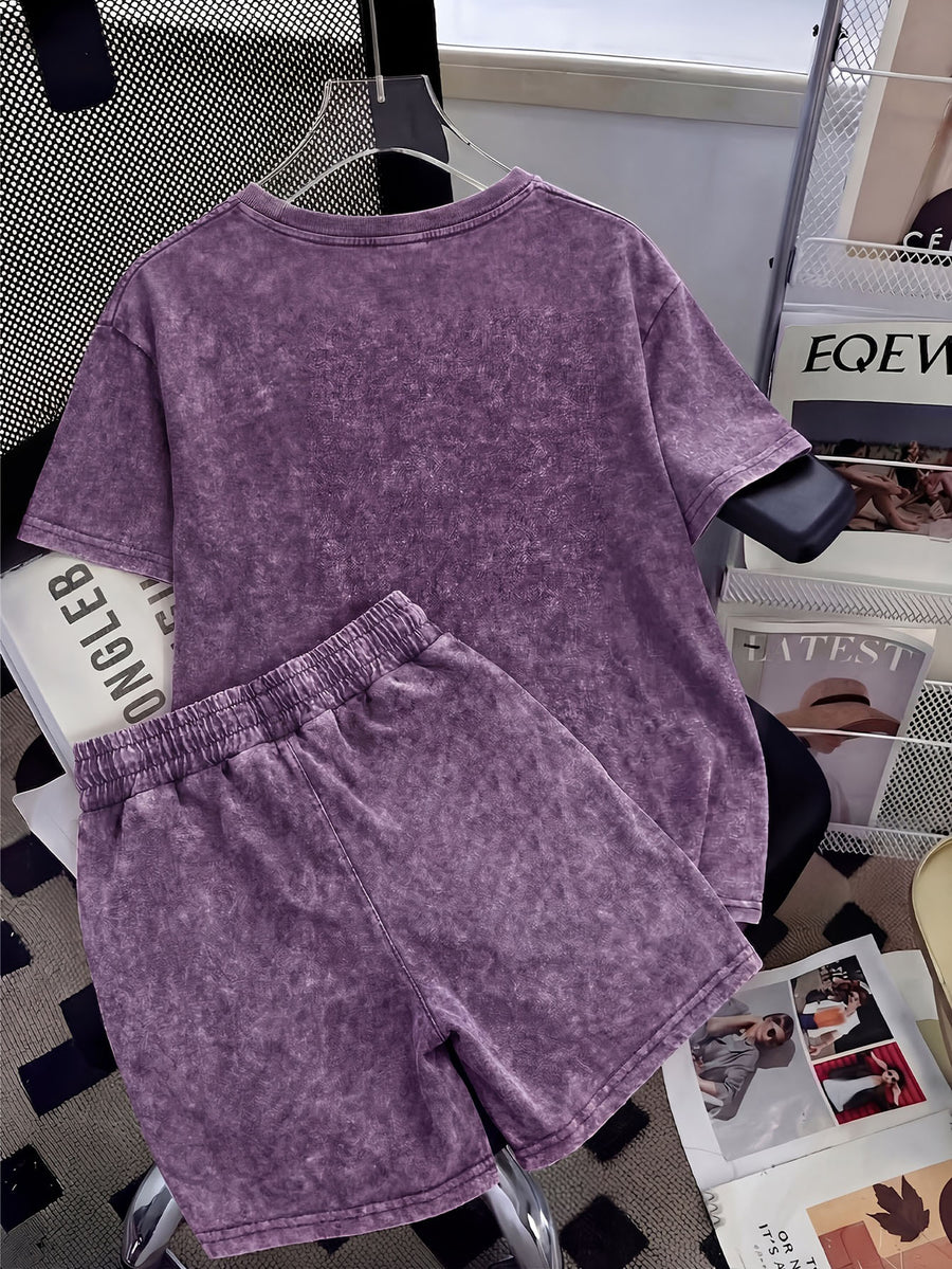 Summer Trendy Fashion Distressed Washed Short Sleeve Shorts with Drawstring Women'S Set NEW YORK City Letter Print American College Style (Varsity), New York Landmark Theme, Retro Style Comfortable for Hot Weather, Classic Silhouette for Styling - Dark Violet