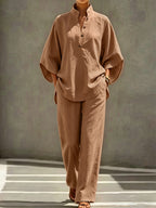 [PLMM] Spring Autumn Winter Women'S Fabric Button Short Collar Fashion Casual Two-Piece Long Pants Set - Rose Golden