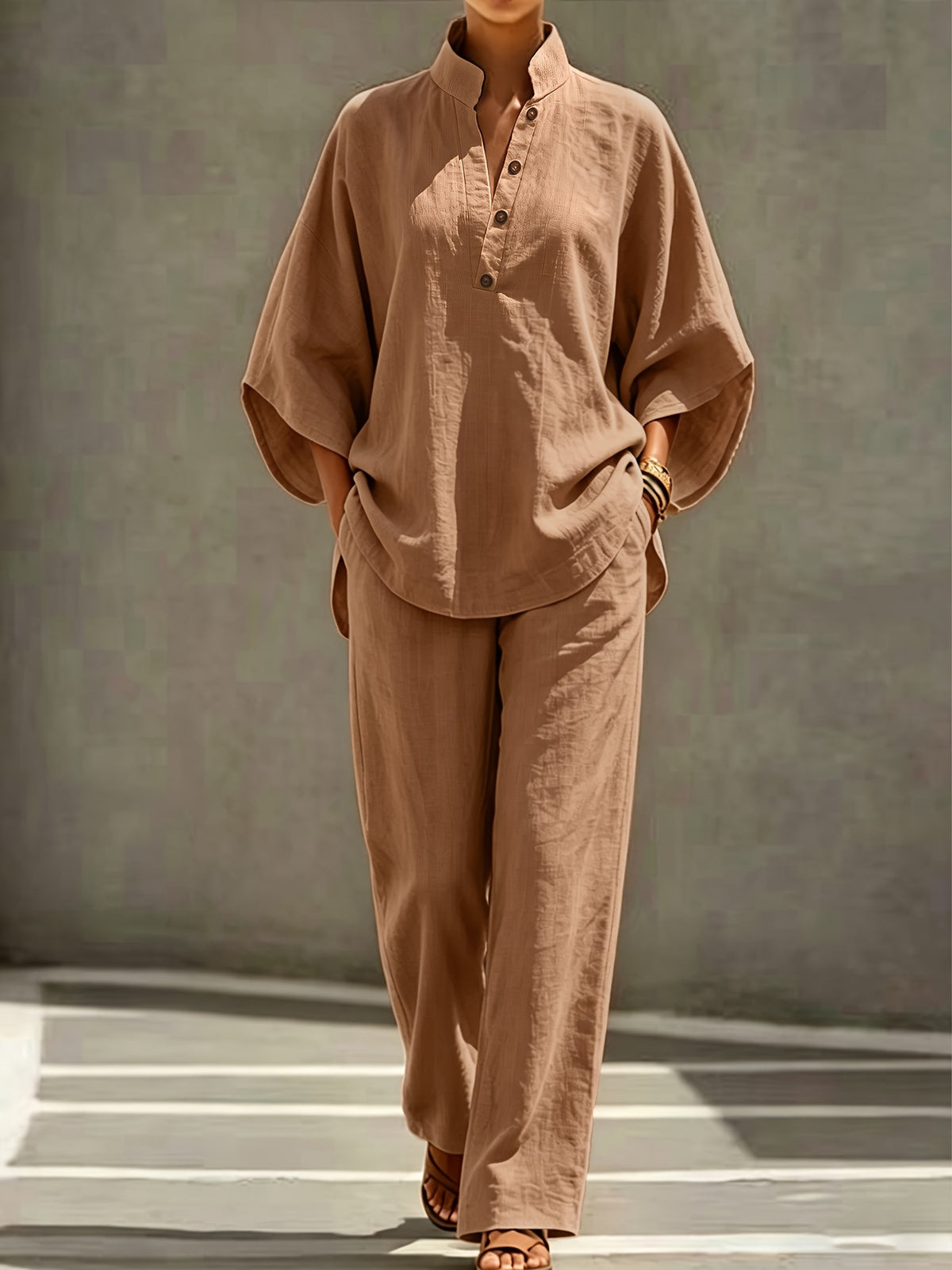 [PLMM] Spring Autumn Winter Women'S Fabric Button Short Collar Fashion Casual Two-Piece Long Pants Set - Rose Golden