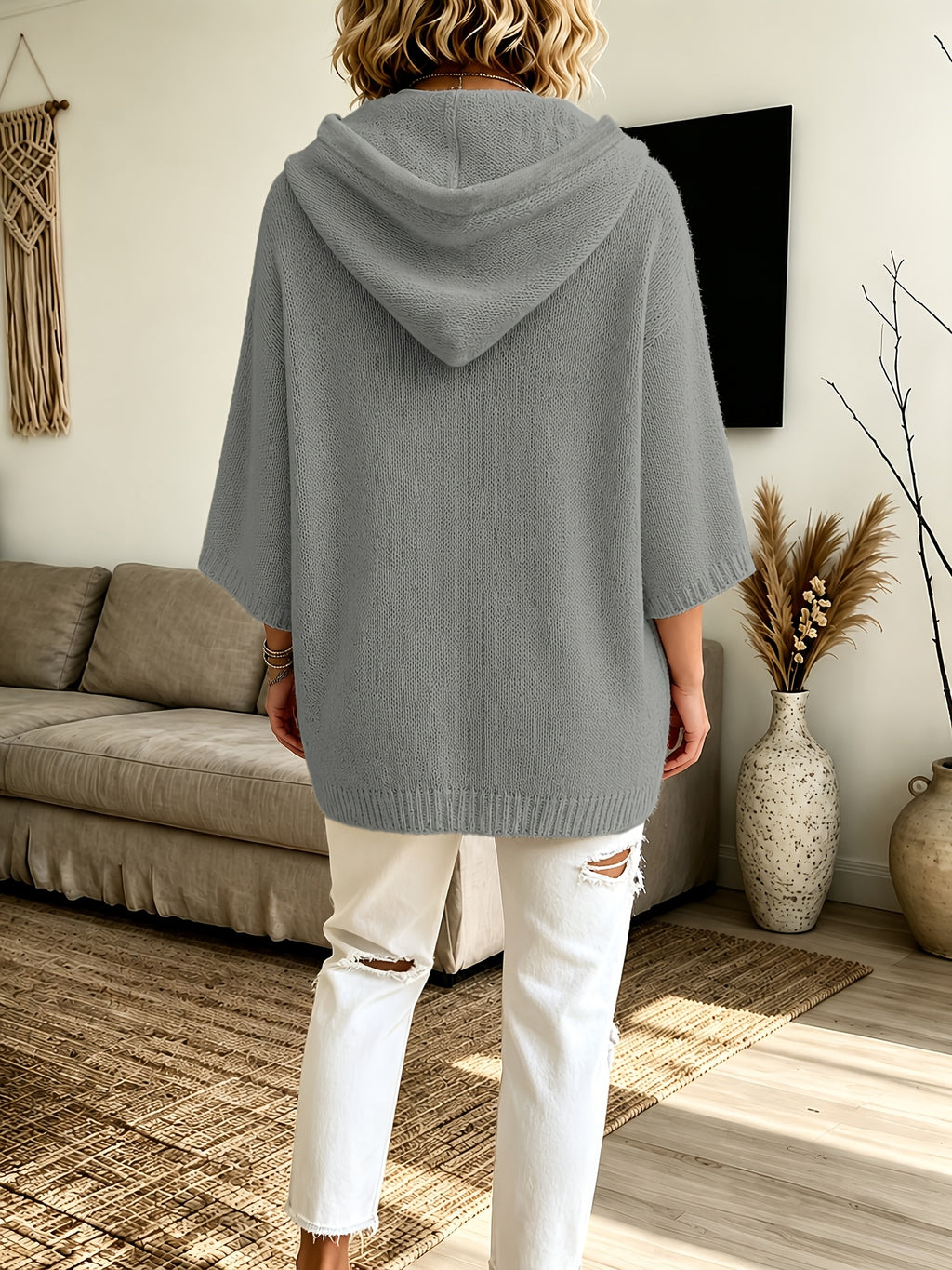 2026 Women'S Fall Winter Solid Color Hooded 3/4 Sleeve Cape Sweater Top with Drawstring And Double Pockets, Casual Easy Fashion Versatile Commute Home Vacation Outfit Pullover Top Women'S Clothing - Grey