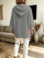 2026 Women'S Fall Winter Solid Color Hooded 3/4 Sleeve Cape Sweater Top with Drawstring And Double Pockets, Casual Easy Fashion Versatile Commute Home Vacation Outfit Pullover Top Women'S Clothing - Grey