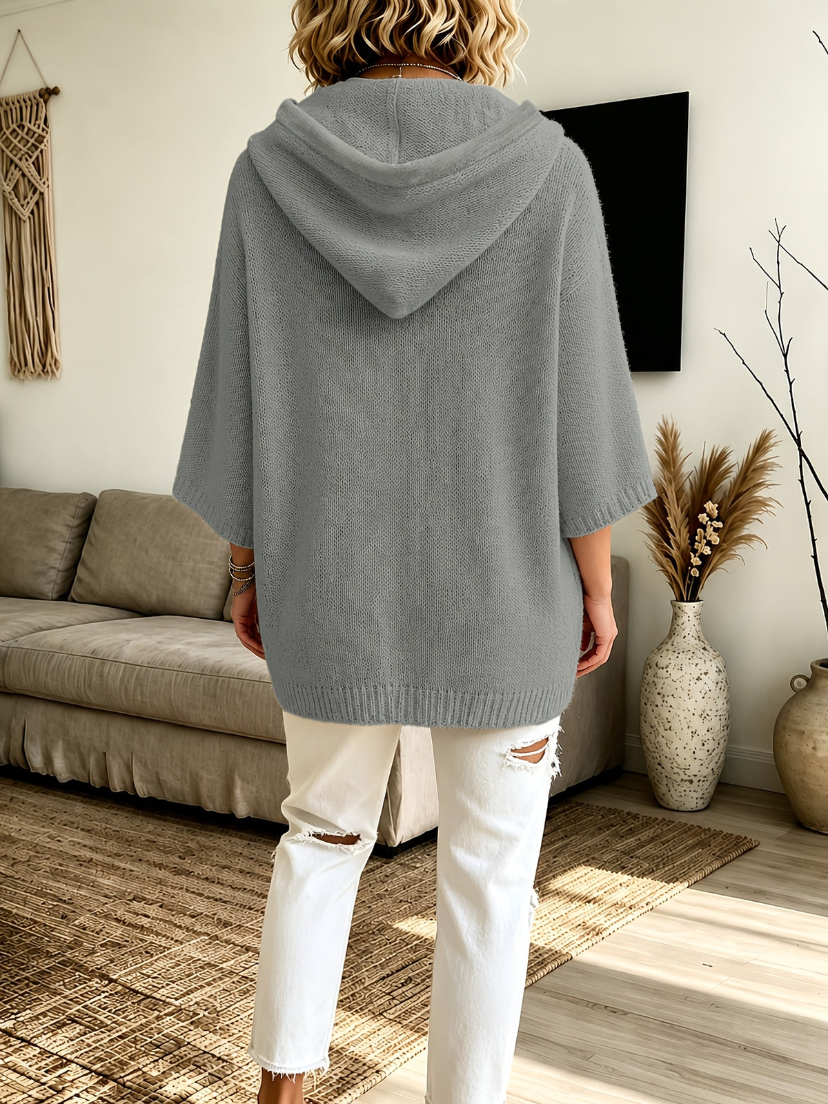 2026 Women'S Fall Winter Solid Color Hooded 3/4 Sleeve Cape Sweater Top with Drawstring And Double Pockets, Casual Easy Fashion Versatile Commute Home Vacation Outfit Pullover Top Women'S Clothing - Grey