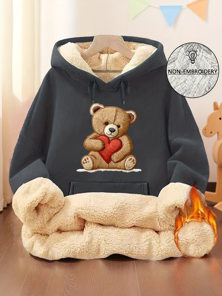 Women'S Home Wear Top [Imitation Print] Women'S Hot Style Heart Bear Print Sweatshirt, Fall Winter Fleece Hooded Warm Sweater, Suitable for Casual Home Wear Drawstring Hooded Sweatshirt - Dark Gray