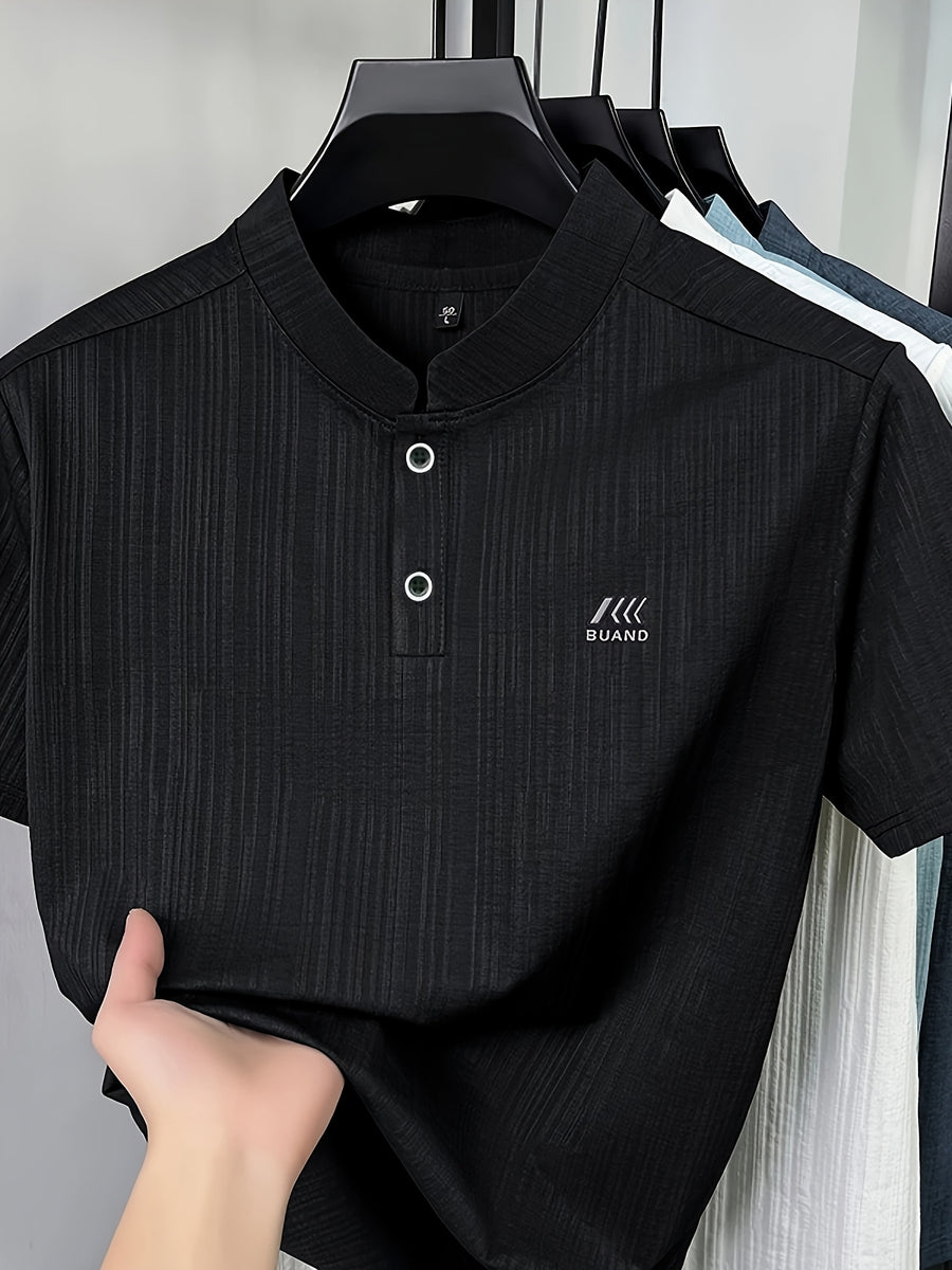 Men's Summer Short-Sleeve Henley Neck T-Shirt - Breathable Base Layer Shirt with Asymmetric Collar, Stand Collar Suitable for Business Casual Wear, Machine Washable Solid Color Top for Office, Outdoor & Daily Work Scenes - Black