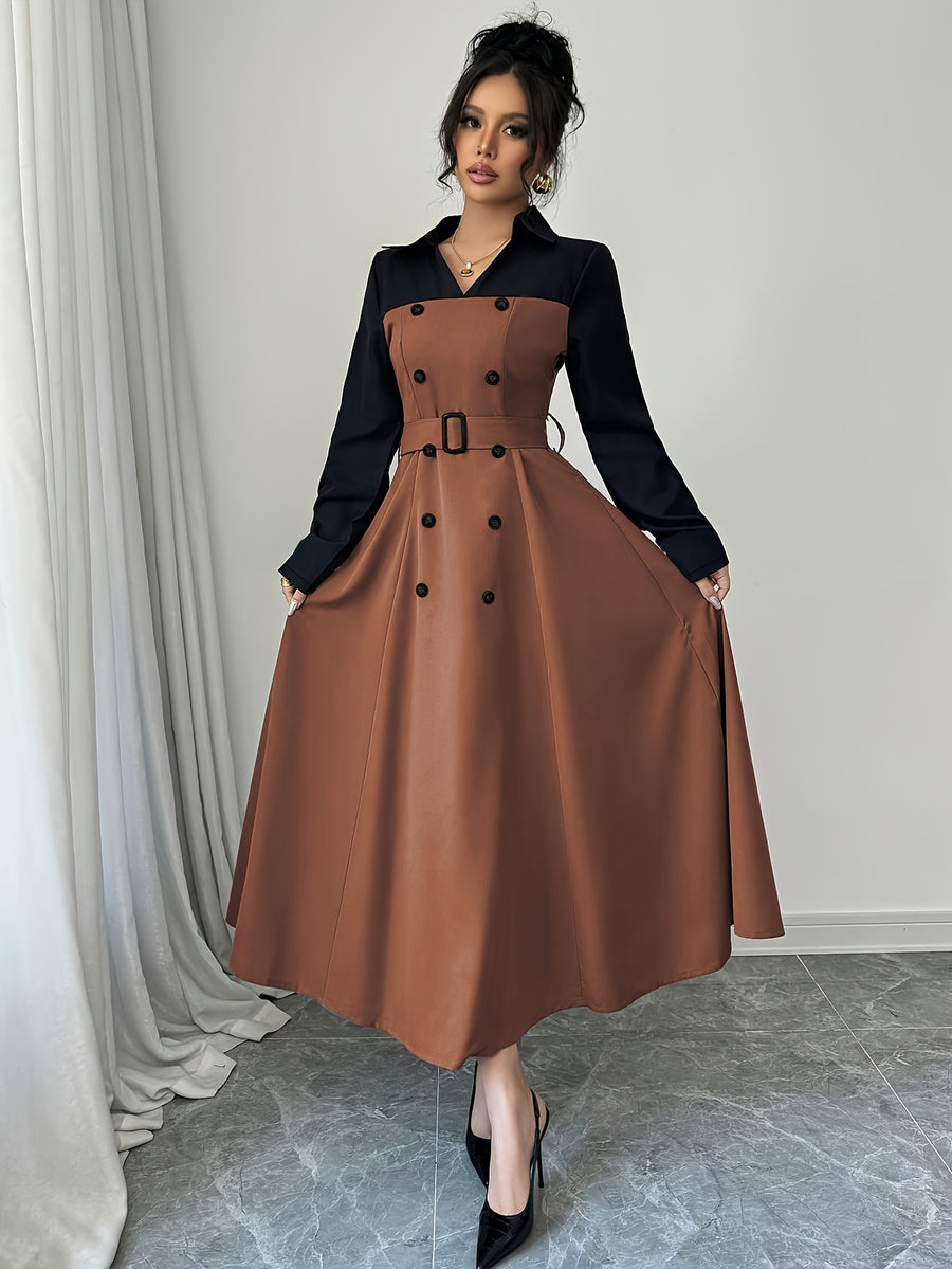 Fashionable Versatile Elegant Commute V-Neck Patchwork Contrast Solid Long Sleeve Waist-Cinching Belt Dress - Bean color