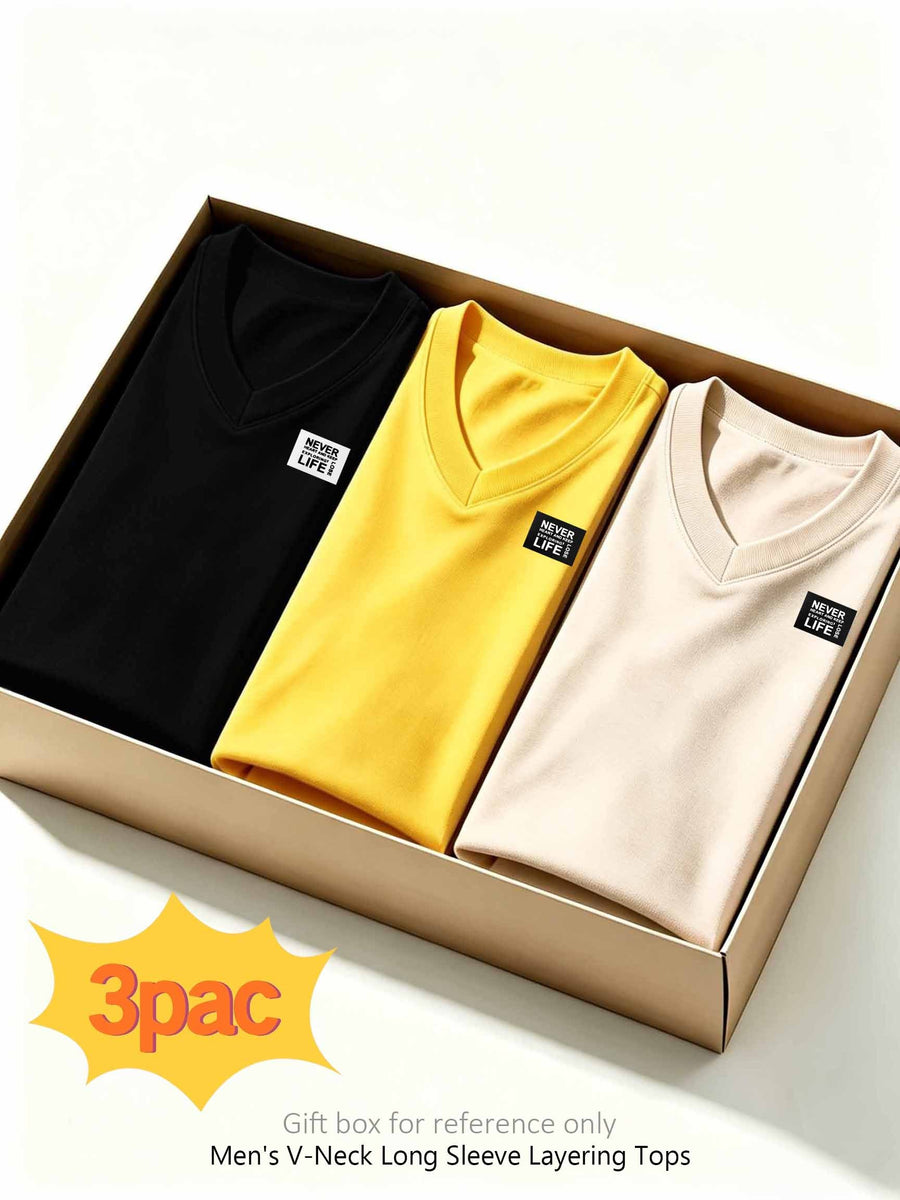 100%, 3pcs Men'S V-Neck Long Sleeve Chokers T-Shirts, Men'S Knit Sweatshirt, New Casual Athletic Ribbed Collar Top - Black+yellow+apricot
