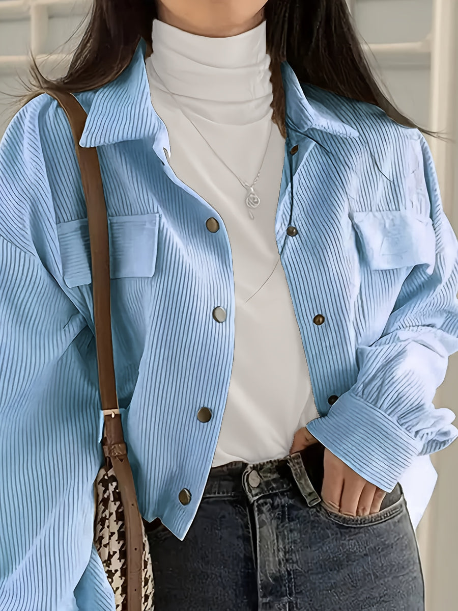 Beautiful Ladies' Jacket On, New Valentine'S Day Arrivals, Women'S Jacket Discounts, Solid Color Corduroy Pocket Lapel Long-Sleeved Coat Casual Jacket Cardigan, Suitable for Casual to Semi-Formal Attire, Layered Wear, Classic Design - Sky Blue