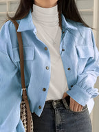 Beautiful Ladies' Jacket On, New Valentine'S Day Arrivals, Women'S Jacket Discounts, Solid Color Corduroy Pocket Lapel Long-Sleeved Coat Casual Jacket Cardigan, Suitable for Casual to Semi-Formal Attire, Layered Wear, Classic Design - Sky Blue