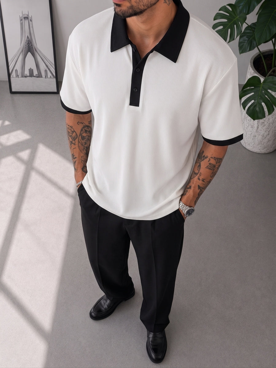 [Villa Le Water OBM] Men'S Heavyweight Patchwork Button-Up Collar American POLO Retro Short Sleeve - White