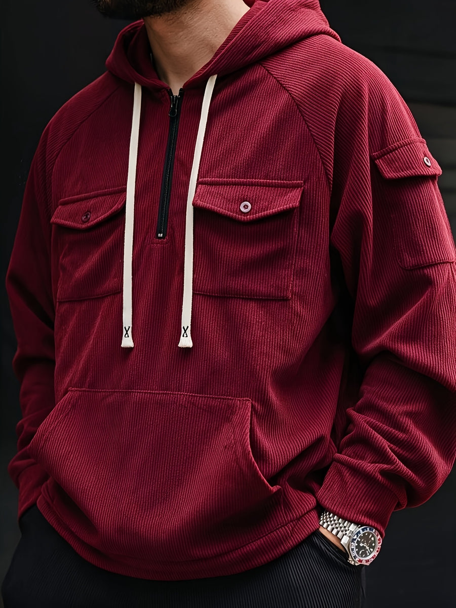 Christmas ! 1pc Men'S Corduroy Hooded Sweatshirt, Multi-Pocket Design, Retro Casual Style, Loose Fit, Ideal for Autumn/Winter Daily Outdoor Activities - Red