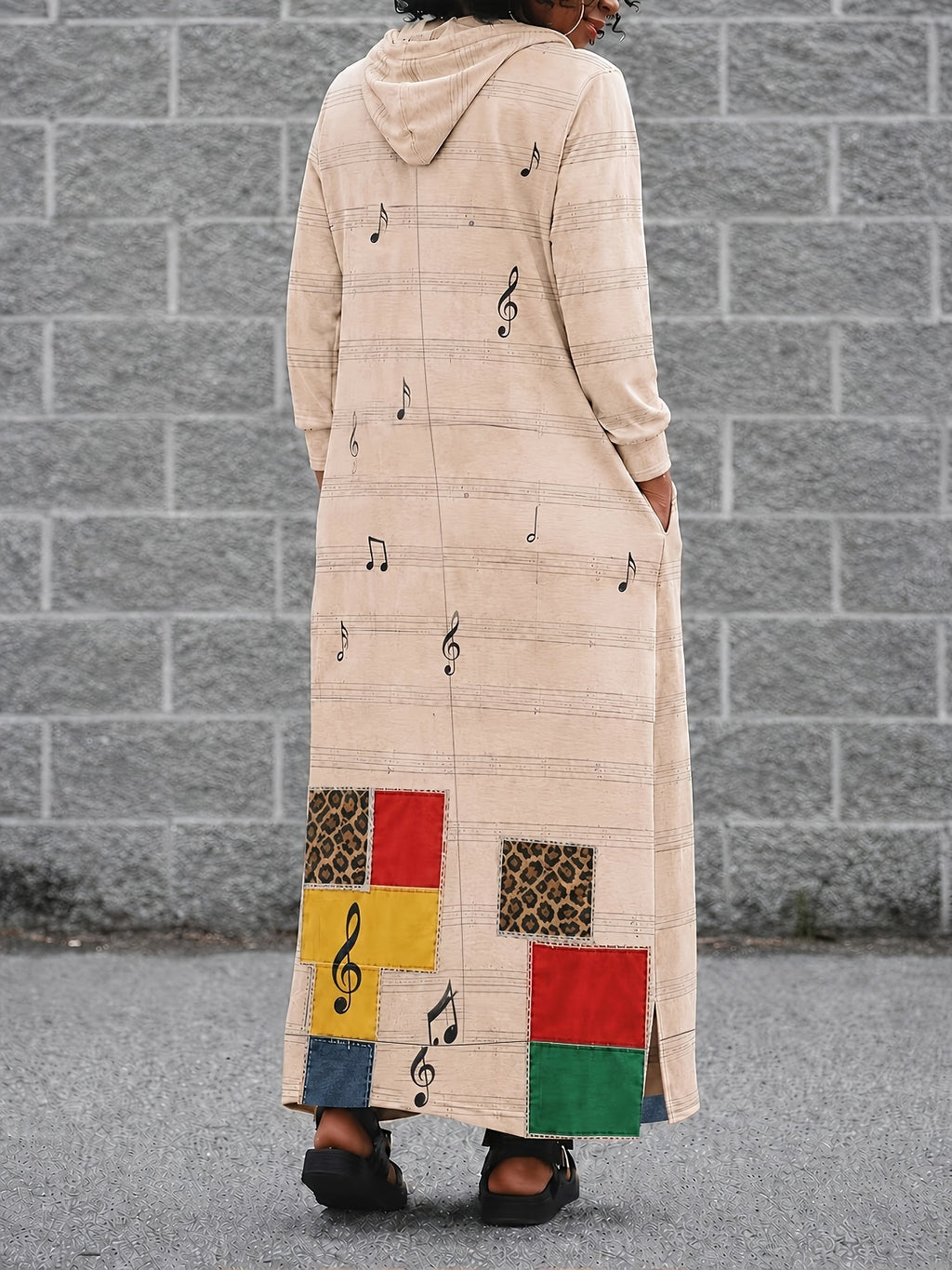 Plus Size Women'S Soul Music Theme Hooded Long Dress, Light Apricot Base Color Soft And Non-Picky, Full Set of American Retro Music Element Printed Musical Score, Notes, Vintage Records, Retro Motorcycles And Trains - Apricot