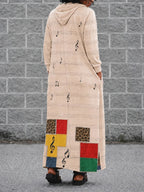 Plus Size Women'S Soul Music Theme Hooded Long Dress, Light Apricot Base Color Soft And Non-Picky, Full Set of American Retro Music Element Printed Musical Score, Notes, Vintage Records, Retro Motorcycles And Trains - Apricot
