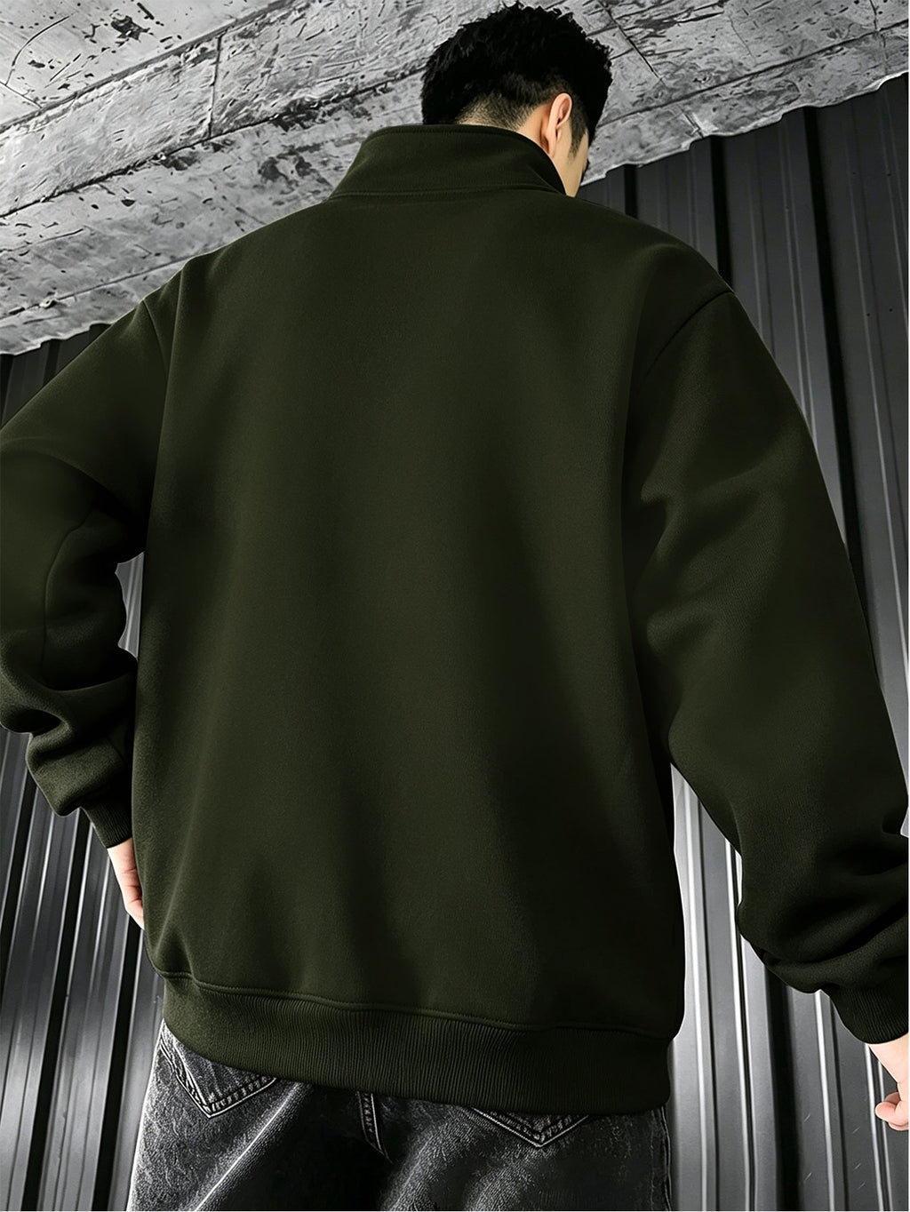 Men's Stand Collar Jacket Outerwear for Outdoor Commuting, Simple Casual Long Sleeve Spring/Autumn Pocket Style with Ribbed Cuffs, Full Zipper Closure, Side Zipper Pockets, Cardigan Jacket - Military Green