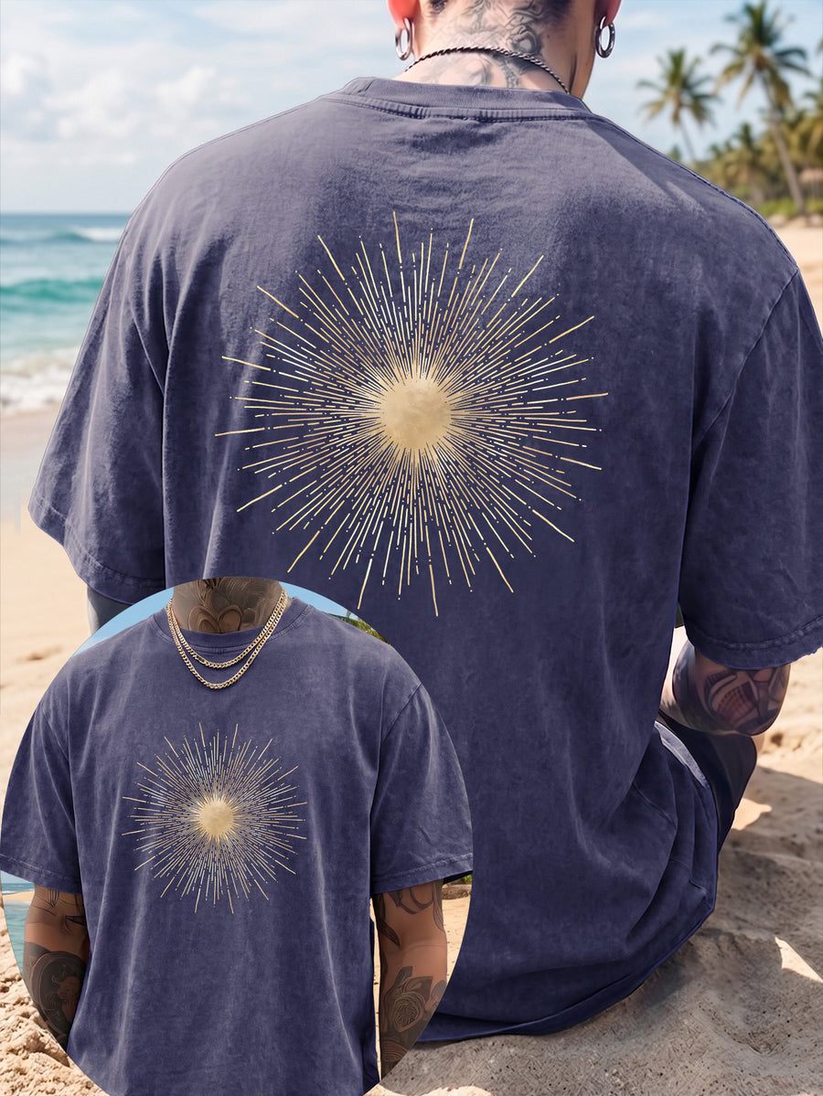 Men's Short-Sleeve T-Shirt, Pure Cotton, Loose Fit, Washed and Distressed, Sunburst Starlight Pattern, Trendy Reverse Double-Sided Print, Multiple Colors for Mix and Match, American Streetwear Hip-Hop High Street Top, for Daily Outings - Royal Blue