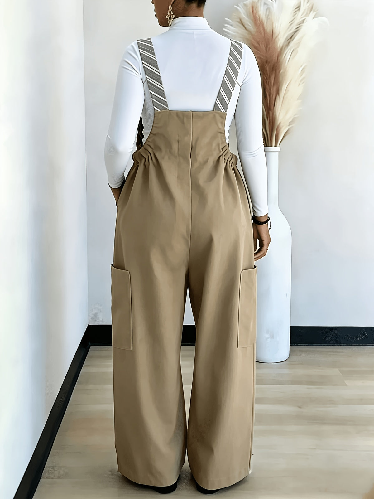 2026 New Women'S Loose Strappy Wide-Leg Pants, Age-Reducing, Versatile Casual Jumpsuit, Casual Striped Jumpsuit/Apron Pants - Khaki