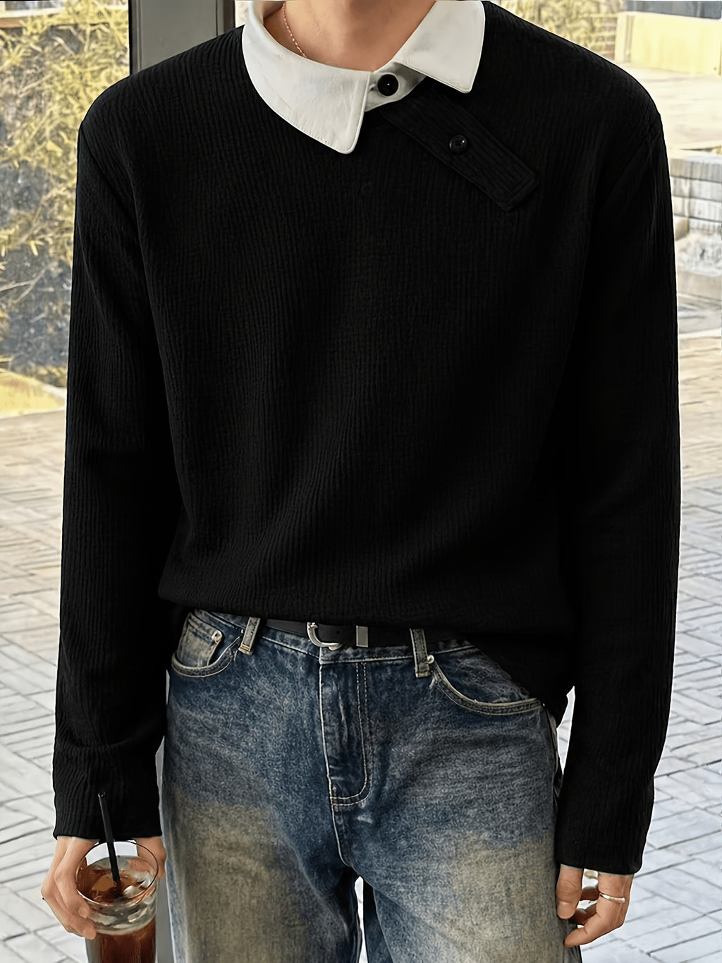 Stylish Men'S Color-Blocked Collar Long-Sleeve Knitted Polo Shirt with Casual Asymmetric Button Design - Black