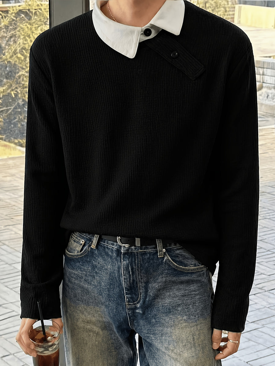 Stylish Men'S Color-Blocked Collar Long-Sleeve Knitted Polo Shirt with Casual Asymmetric Button Design - Black