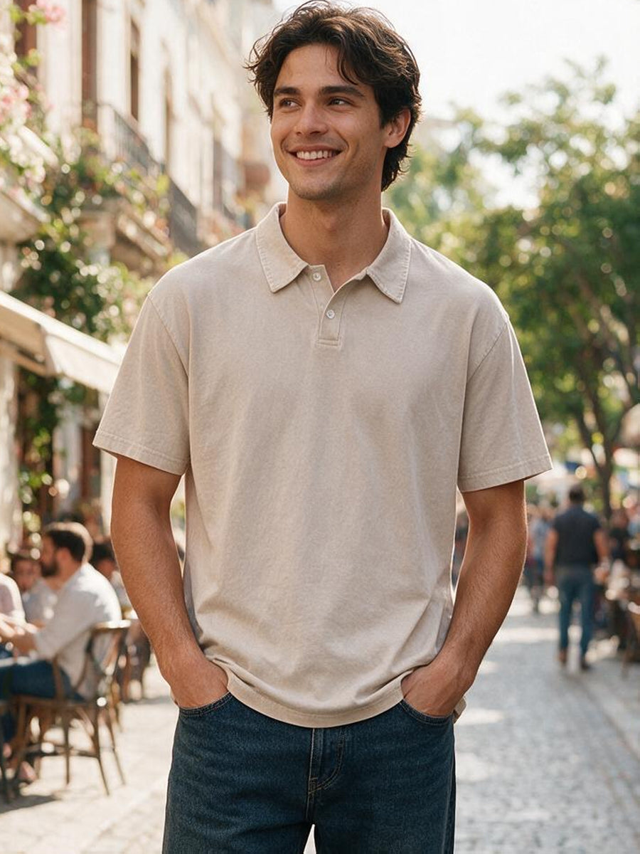 240G Heavyweight Combed Pure Men'S POLO Shirt Easy Retro Washed Loose Lapel Short Sleeve Skin-Friendly Temperament Autumn Summer Daily Commute Casual Top - Apricot