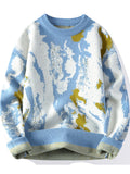 Autumn Winter Trendy Men'S Youth Dye Graffiti Jacquard Sweater Casual Pullover Top - Blue